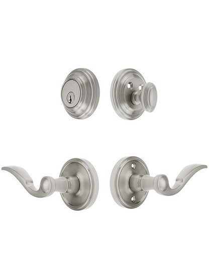 Grandeur Georgetown Entry Door Set, Keyed Alike with Bellagio Levers Left Handed in Satin Nickel.